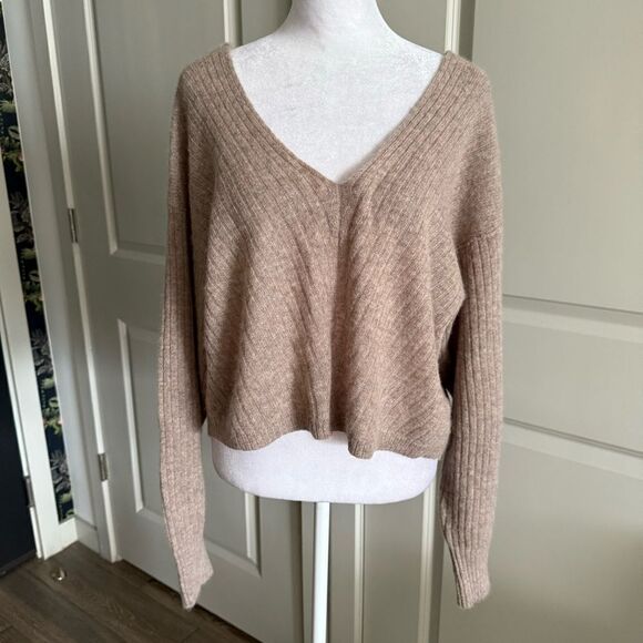 Free People Brown Ribbed Knit V-Neck Relaxed Fit Cashmere Sweater Size S - Picture 1 of 6